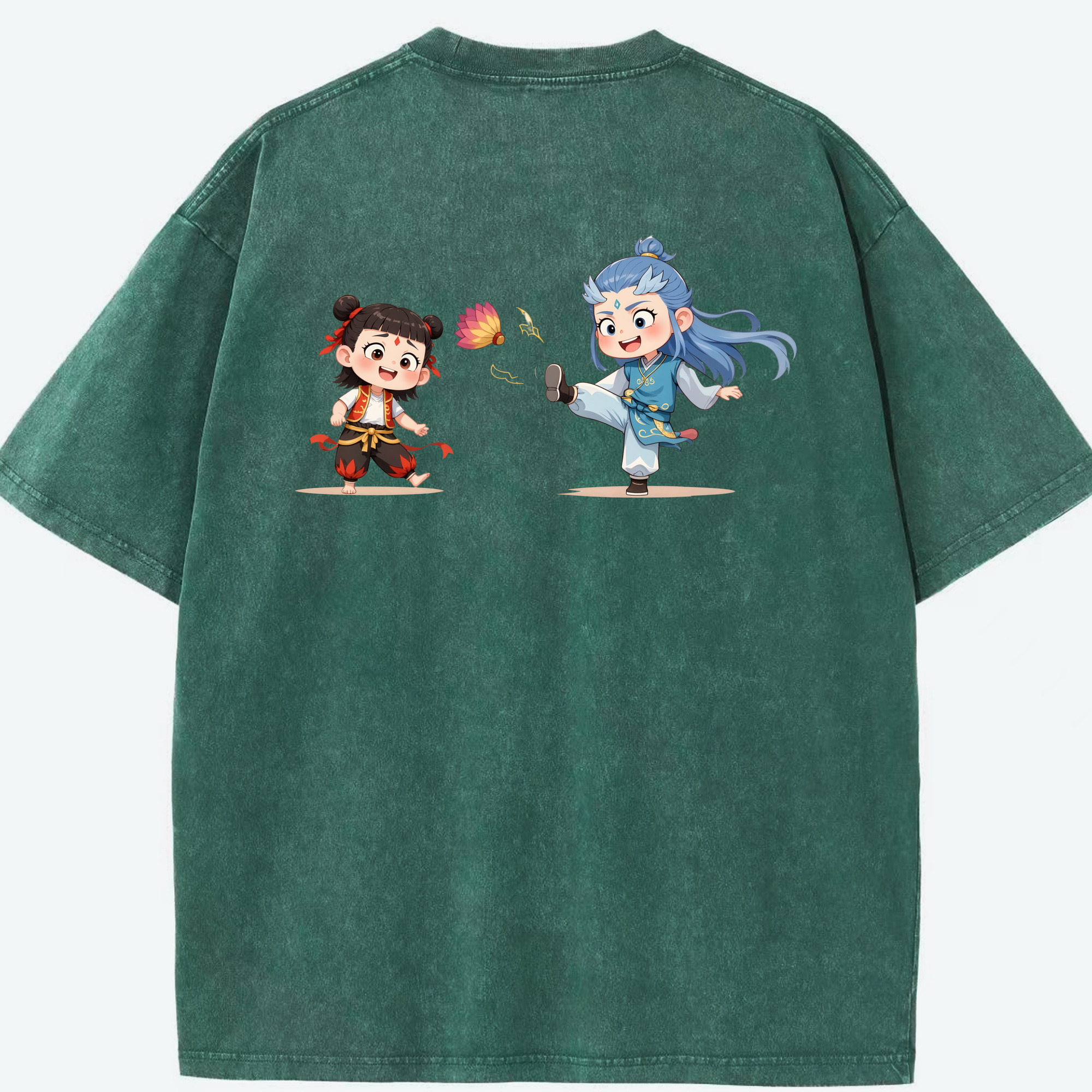（画像用） Ne Zha 2 ナタ 魔童の大暴れ 綿100% ヴィンテージ風 半袖Tシャツ（背面プリント）